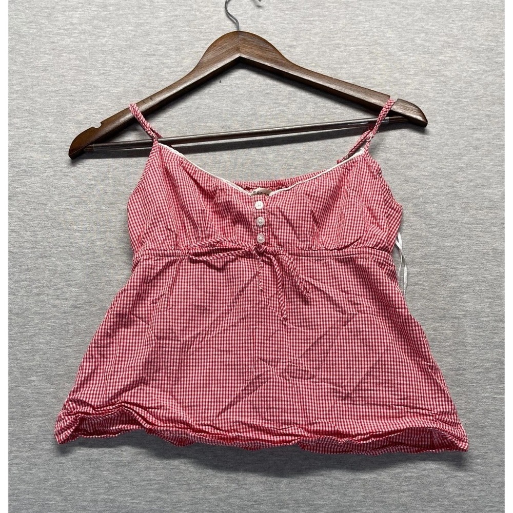 Aeropostale Babydoll Cami Top Women XS Red White Gingham Check V Neck Picot Trim